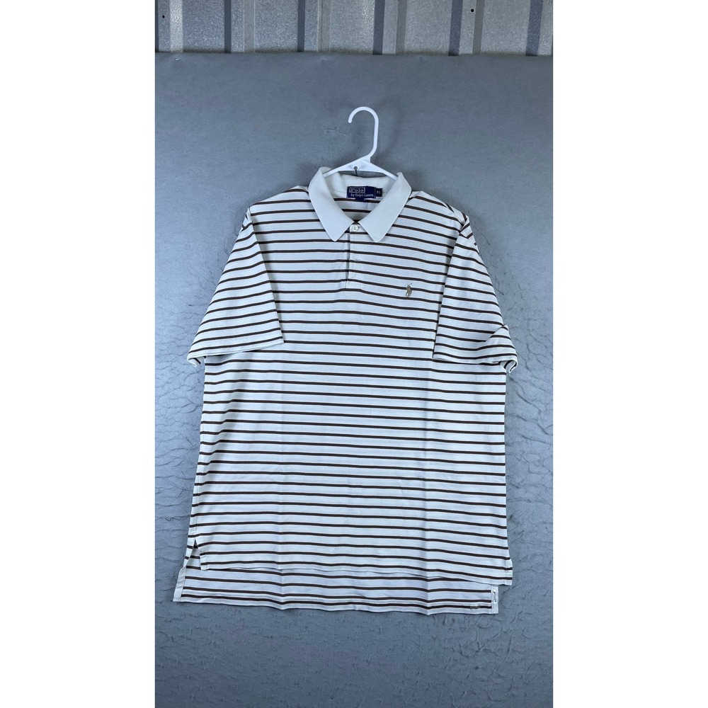 Polo Ralph Lauren Polo Shirt Mens XL White Brown Excellent Striped Short Sleeve